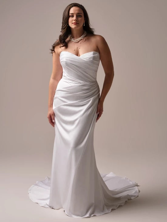 Off shoulder collar sleeveless and strapless pleated details backless and floor length wedding dress